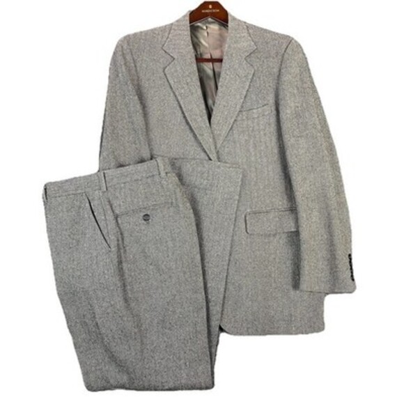 Vintage Stafford 2pc Suit 40R 31x31 Gray Black Herringbone Heavy Tweed Wool EUC